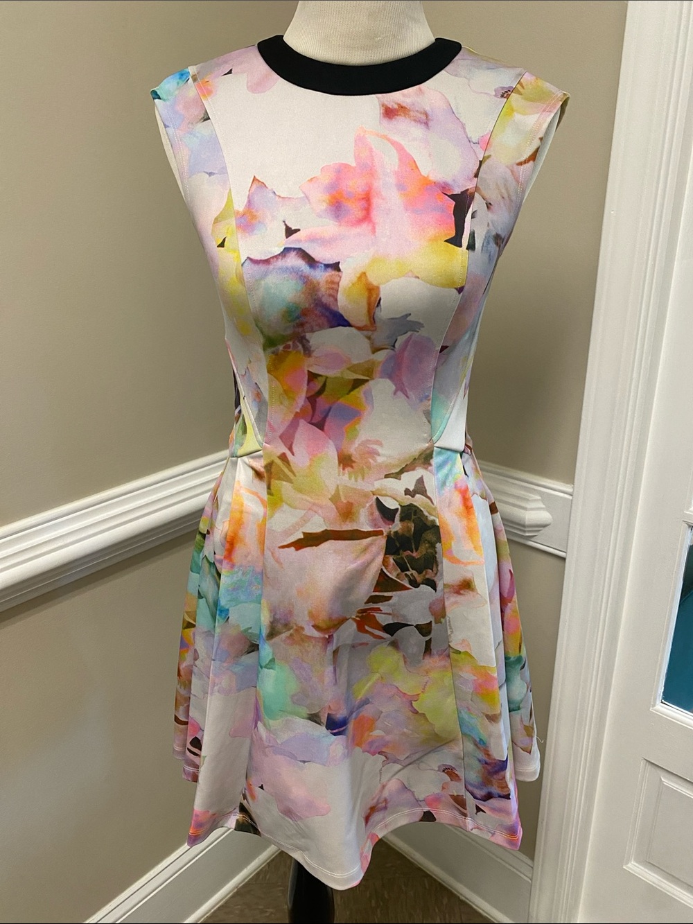 Ted Baker London Pastel Watercolor Floral Fit & Flare Dress with Black Neck Trim